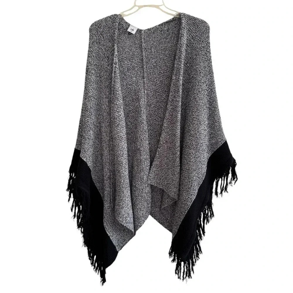 CAbi Style# 3361 Pepper Cape Poncho Shawl Sweater With Fringe Black White - Picture 3 of 11